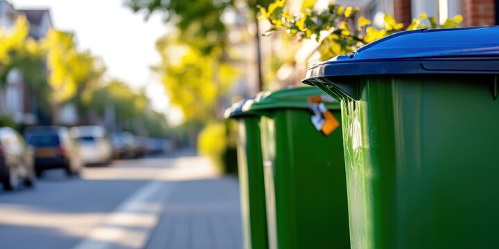 Colorful green garbage bins line a peaceful city street in the sunlight