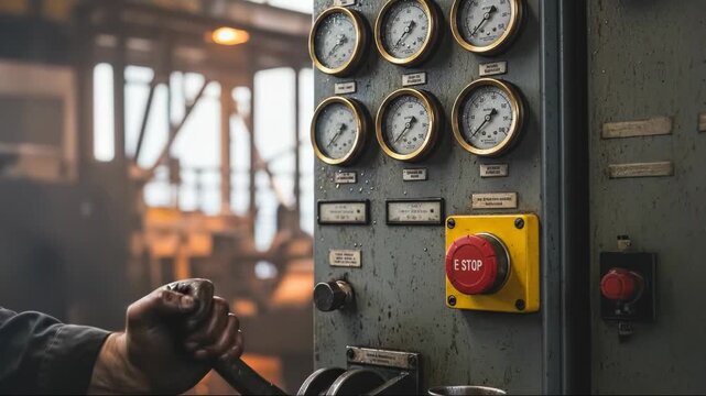 Worker hand pulling heavy lever on industrial control panel with pressure gauges and red emergency stop button in a factory setting