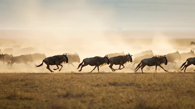 Herd of wildebeest galloping across the dusty African savanna during the Great Migration at sunrise with cinematic golden light