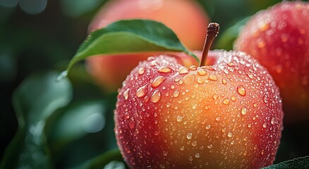 Apple juicy fresh apples with leaf and water droplets image