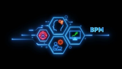 Neon blue hexagons with business process management on black background