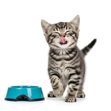 Cute tabby kitten licking lips next to blue food bowl isolated on white background