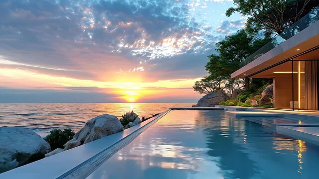 Sunset view over the ocean from the pool. Water reflects the colors of the sunset near the shore while trees and rocks frame the view.