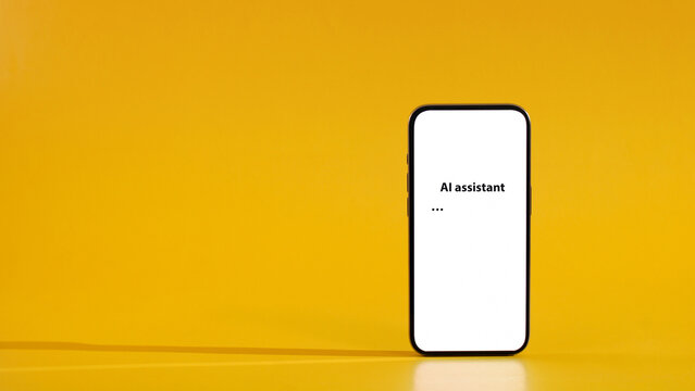 AI assistant on smartphone screen with copy space on yellow background