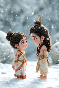 cute little shiva and parvati chibi characters in snow for maha shivaratri festive joy and mahadev childhood stories in a beautiful winter landscape fantasy