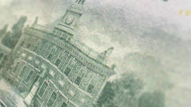 Reverse side of United States 100 dollar bill showing Independence Hall.