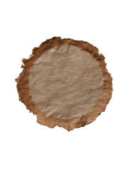 Round piece of textured brown paper with frayed burnt edges isolated on a transparent background circle