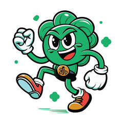 Obraz premium Happy Cartoon Broccoli Character Running with Bitcoin