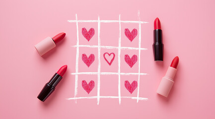 Tic-tac-toe game played with hearts and red lipsticks on pink