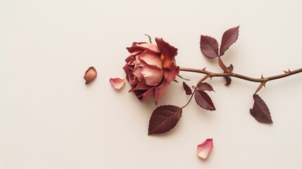 Single dried rose flower with fallen petals arranged on a light minimal background in soft natural light. Image represents fading beauty, memory, melancholy and passage of time