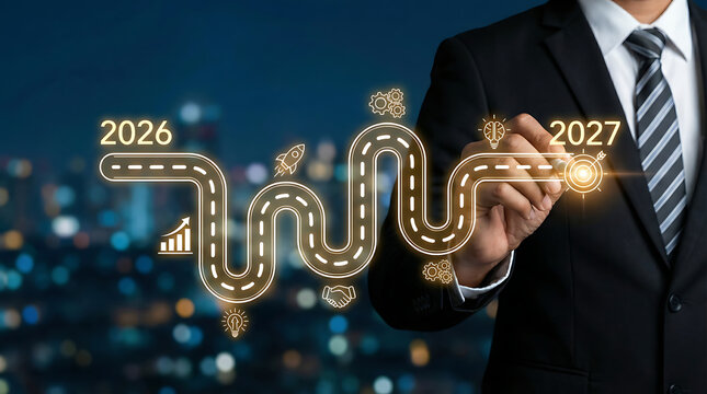 Professional businessman creating a strategic vision for business success in year 2027 using a digital roadmap with various financial and corporate icons