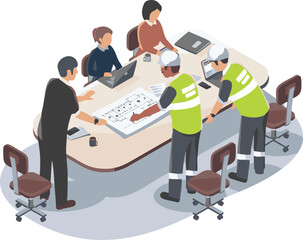 Fototapeta premium Team collaboration and discussion around a table with construction plans and laptops in a meeting room