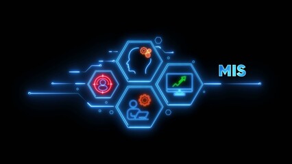 M I S management information system neon circuit board with human head gears monitor and person working on laptop ©                  M.G