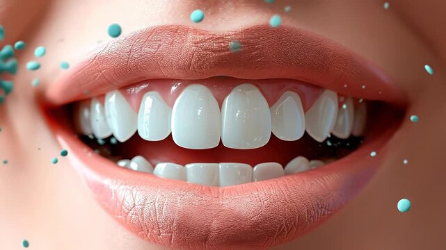 Close look at healthy teeth and germs. Mouth opens wide showing white teeth while germs surround the area. Focus on dental health and the presence of bacteria.