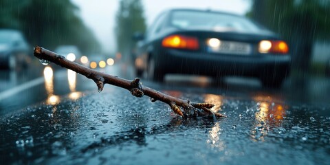 Naklejka premium Heavy storm unleashes chaos as branch crashes on car windshield