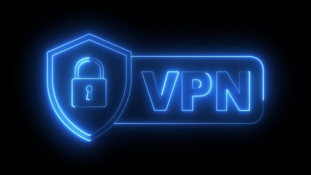 glowing neon VPN shield with lock icon isolated on black background. VPN, Virtual private network protocol concept. Concept of secure remote connection and online privacy. 4k video animation.