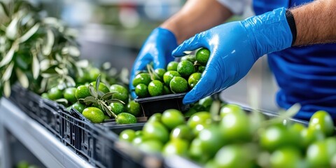 Olives being carefully cleaned in a bustling factory environment