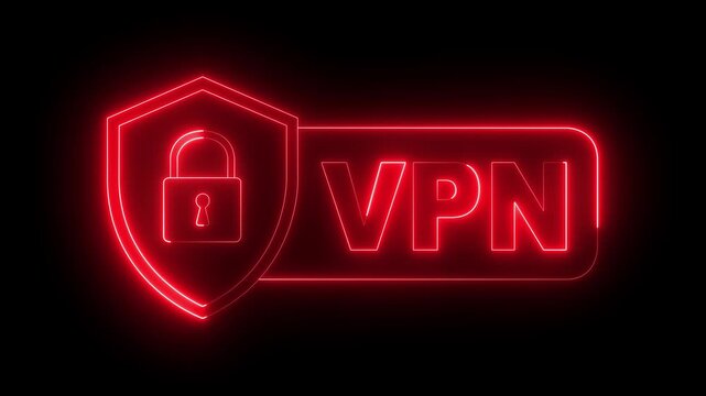 glowing neon VPN shield with lock icon isolated on black background. VPN, Virtual private network protocol concept. Concept of secure remote connection and online privacy. 4k video animation.