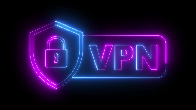 glowing neon VPN shield with lock icon isolated on black background. VPN, Virtual private network protocol concept. Concept of secure remote connection and online privacy. 4k video animation.