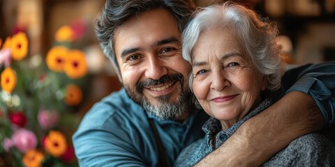 Obraz premium Caregiver shares a warm moment with joyful senior woman at home