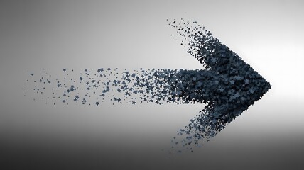 Dynamic glowing particle arrow pointing left on a soft teal and blue gradient background