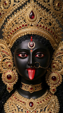 Intense close up of goddess kali with red gems and golden jewelry for sacred kali puja and diwali celebration with black skin and tongue out