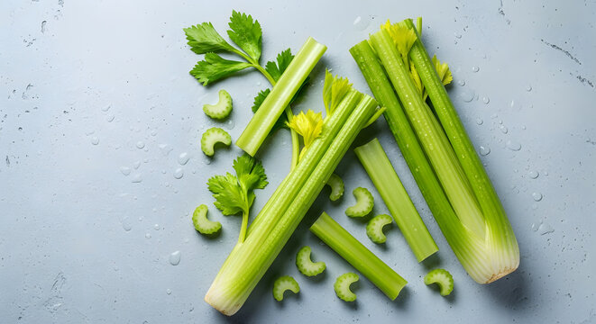 Fresh Celery Stalks and Slices with Water Droplets on Light Surface Generated with AI.