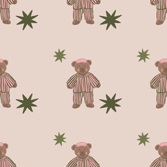 Hand-drawn seamless pattern featuring a plush teddy bear in pajamas and scattered stars on a beige background. Cozy large-scale design for kids fabrics, nursery decor, pajamas and wallpaper.
