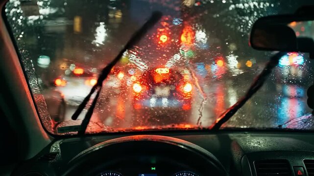 POV from inside a car driving through heavy rain at night with windshield wipers active and blurry city lights bokeh on the glass