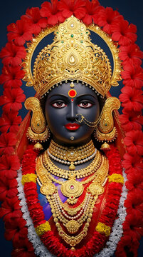 Beautiful goddess kali with golden crown and red hibiscus flowers for kali puja and diwali celebration in indian tradition with spiritual religious theme background