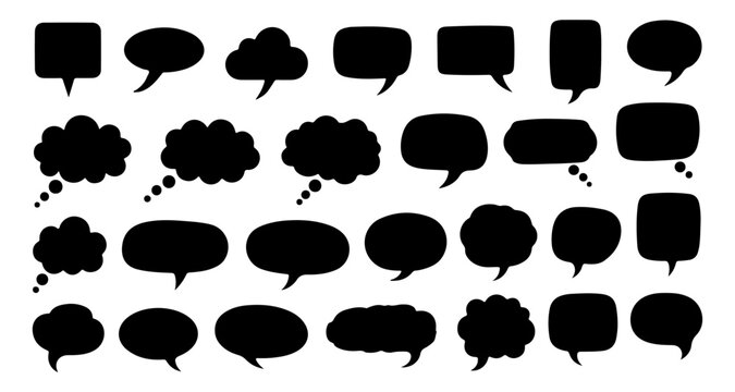 Black speech bubble silhouettes set, comic chat and thought bubbles collection isolated on white background, dialog icons for communication, message, social media design