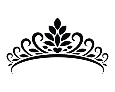 Ornamental tiara crown silhouette illustration, elegant royal headpiece design with floral decorative elements for beauty branding, wedding graphics, luxury fashion and feminine logo use.
