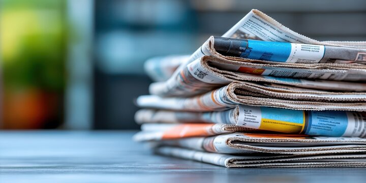 Newspapers stacked close together on a wooden table with colorful print