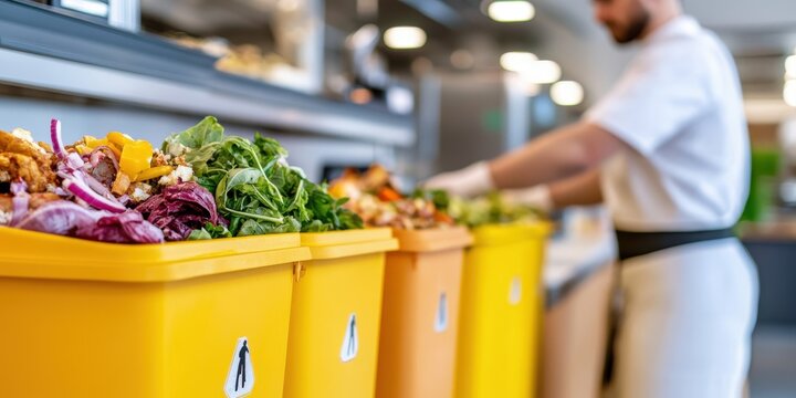 Trash bins overflow in busy restaurant kitchen filled with food waste
