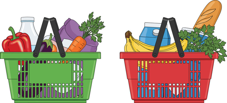 Grocery shopping basket illustration set featuring fresh vegetables, fruits, bread, and milk for supermarket and healthy food concept in flat vector style