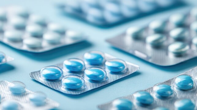 Close-up of blue capsules in blister packs on a light blue background. The scene highlights pharmaceutical products and medication.