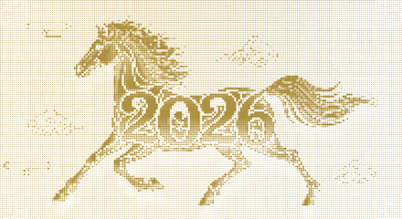 Dynamic galloping horse with integrated 2026 year text in gold halftone pixel art style for chinese zodiac lunar new year graphic assets and creative seasonal branding design projects