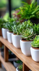 Fototapeta premium Colorful succulents thrive in harmony on elegant wooden stands