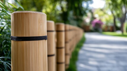 Naklejka premium Bamboo fence enhances garden charm with rustic elegance and eco-friendly style