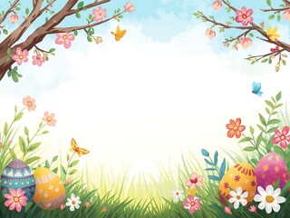 Fototapeta premium Playful hand-drawn spring 2026 border with flowering tree branches, colorful decorated Easter eggs in grass and flying butterflies. Vibrant illustration frame perfect for kids greetings and invitation