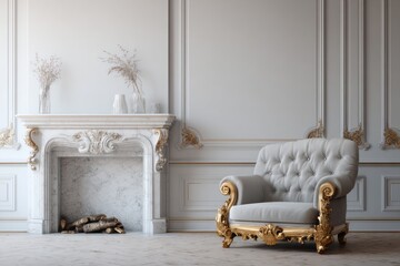 Elegant interior with a luxurious armchair and ornate marble fireplace.