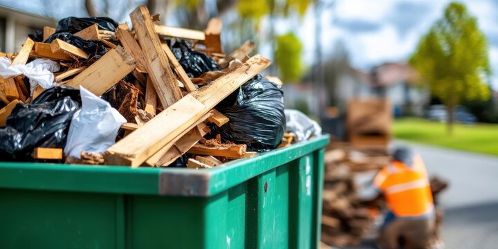 Construction clean-up scene with green dumpster overflowing with debris