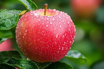 Juicy apple fruits with dew drops on wooden surface photo