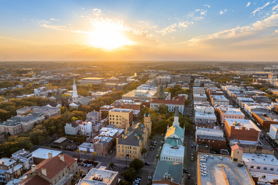 Aerial view of Savannah, Georgia. American city old historical architecture. USA panoramic cityscape at night