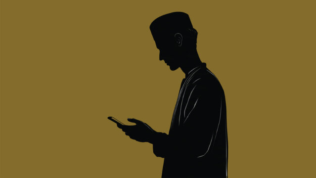 Person checking prayer time on phone silhouette, Ramadan daily routine and Islamic lifestyle vector illustration
