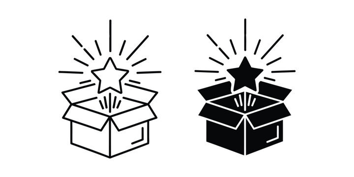 Two versions of a star bursting out of an open box line art and solid