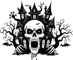Obraz premium Spooky skull emerging from haunted house with eerie trees and bats