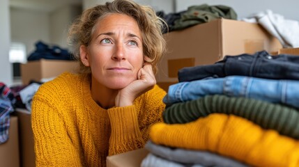 Obraz premium Woman experiences stress while packing boxes in her apartment in Germany