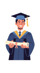 Smiling graduate in cap and gown holding diploma scroll.