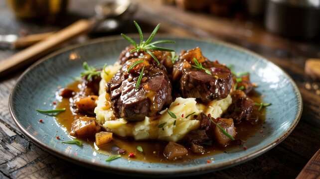 Danish cuisine. Stewed pork cheeks with mashed potatoes and sauce, garnished with fresh rosemary. It is a very common dish in Danish cuisine.